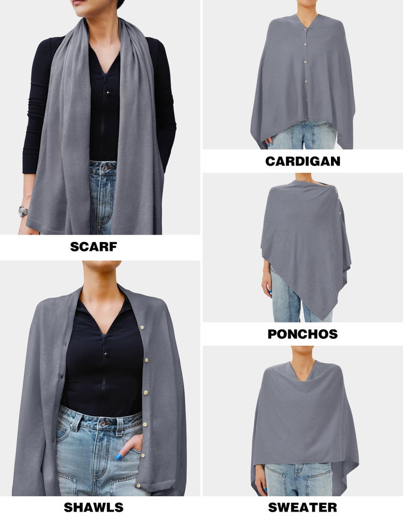 PULI Women's Versatile Knitted Shawls Scarf Poncho Sweater with Buttons Lightweight Spring Summer Fall Wraps slate gray - Image 3